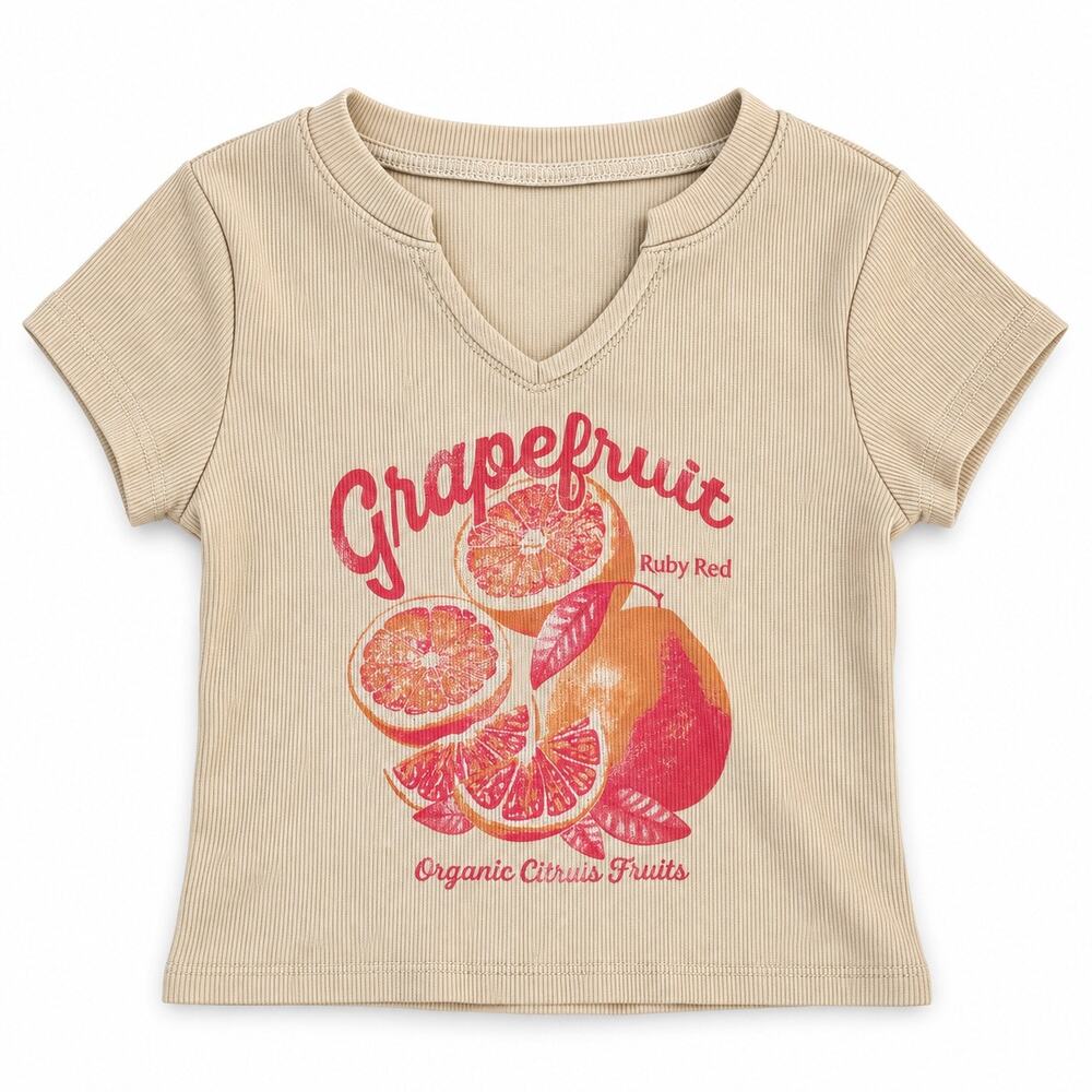 Art Class Girl's Graphic Ruby Red Grapefruit Print T-Shirt  V-neck Sz S(6/7) NWT